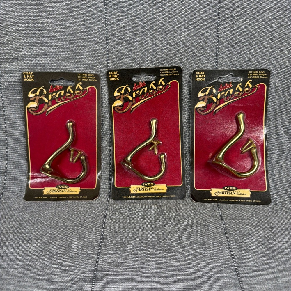 Vintage Solid Brass Coat Hat Hooks Set of 3 Made In USA IVES Artisan 1983
